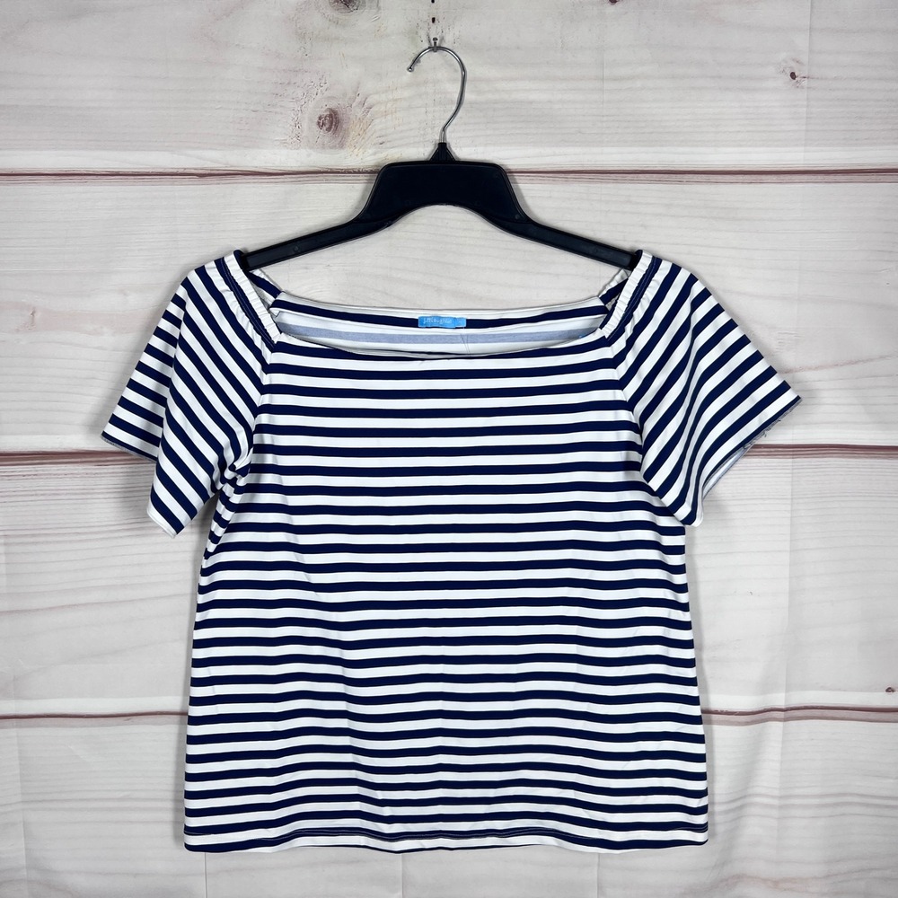 J.McLaughlin Top Womens Medium White Blue Striped Off Shoulder Catalina Cloth